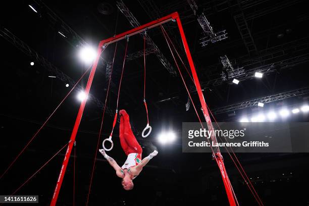 Brinn Bevan of Team Wales competes on the rings during the Men's Team and Individual Artistic Gymnastic Qualification on day one of the Birmingham...