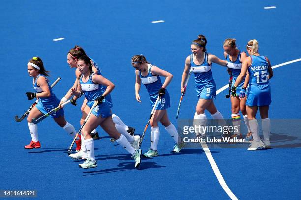 Louise Campbell of Team Scotland celebrates with team mates after scoring their sides fourth goal during Women's Hockey - Women's Pool B match...