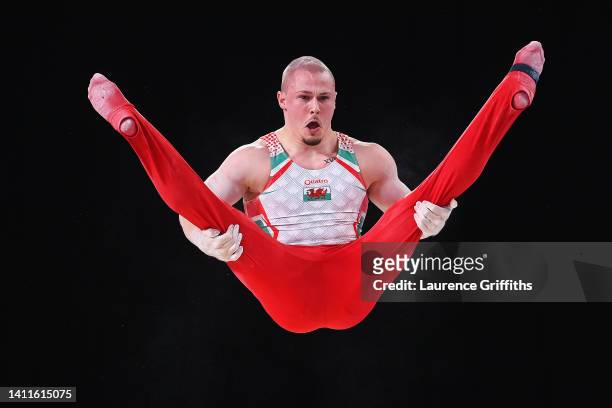 Brinn Bevan of Team Wales competes on the parallel bars during the Men's Team and Individual Artistic Gymnastic Qualification on day one of the...