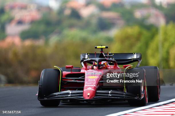 Carlos Sainz of Spain driving the Ferrari F1-75 on track during practice ahead of the F1 Grand Prix of Hungary at Hungaroring on July 29, 2022 in...