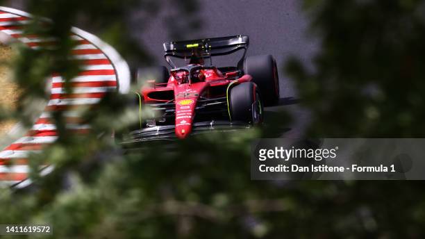 Carlos Sainz of Spain driving the Ferrari F1-75 on track during practice ahead of the F1 Grand Prix of Hungary at Hungaroring on July 29, 2022 in...
