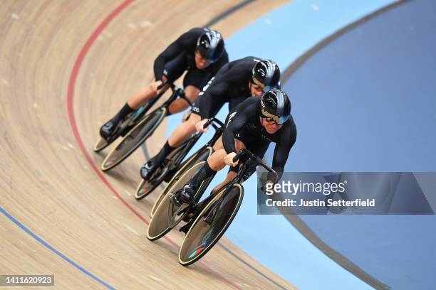 Athletes of Team New Zealand compete during the Men's Team Sprint Qualifying on day one of the Birmingham 2022 Commonwealth Games at Lee Valley...