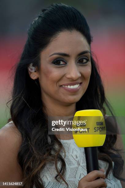 Isa Guha of the BBC during the 1st Vitality T20 match between England and South Africa at Seat Unique Stadium on July 27, 2022 in Bristol, England.