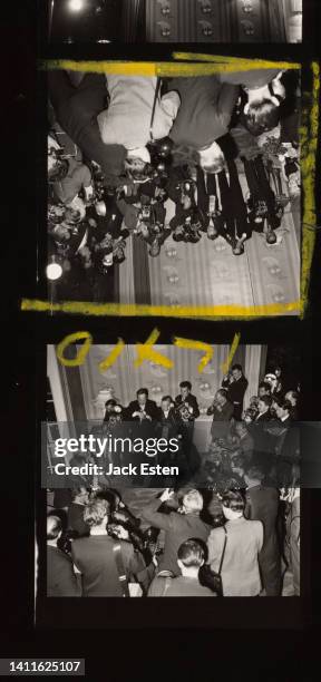 Contact strip showing American actress Marilyn Monroe being photographed at a press conference at the Savoy Hotel, London, to promote the film 'The...