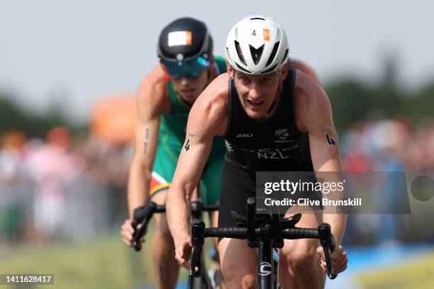 Tayler Reid of Team New Zealand competes during the Men's Individual Sprint Distance Triathlon Final on day one of the Birmingham 2022 Commonwealth...