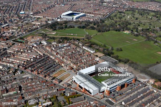 An aerial view of the Stadiums of Liverpool FC and Everton FC, Anfield and Goodison Park, seperated by Stanley Park and Anfield cemetery, on April...