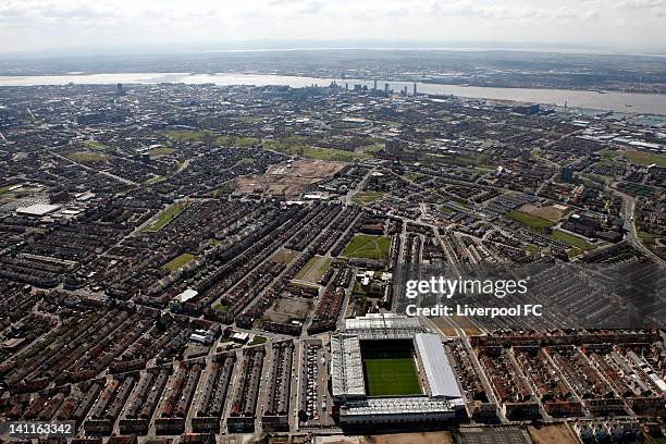 An aerial view of Anfield Stadium with the city centre and the River Mersey in the distance, on April 17, 2008 in Liverpool, England.
