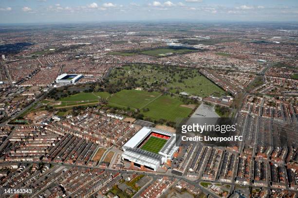 An aerial view of the Stadiums of Liverpool FC and Everton FC, Anfield and Goodison Park, seperated by Stanley Park and Anfield cemetery, on April...