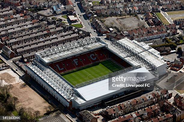 An aerial view of Anfield Stadium, on April 17, 2008 in Liverpool, England.