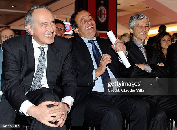 Giancarlo Abete Italian FGCI president, UEFA president Michel Platini and former AC Milan player Gianni Rivera during UEFA President's Award at...