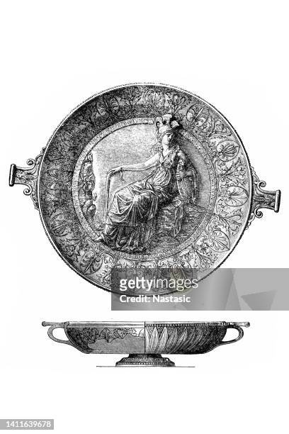 patera in silver from the hildesheim treasure - ancient olympia greece stock illustrations