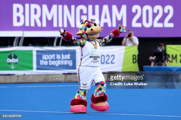 Perry, the Commonwealth Games 2022 Mascot reacts during the Women's Pool A match between India and Ghana on day one of the Birmingham 2022...