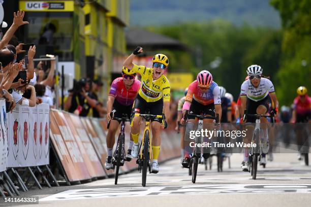 Marianne Vos of Netherlands and Jumbo Visma Women Team - Yellow Leader Jersey celebrates at finish line as stage winner ahead of Lotte Kopecky of...