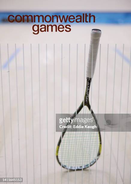 Squash Racket is seen during Squash - Men's Singles Round of 64 match on day one of the Birmingham 2022 Commonwealth Games at University of...
