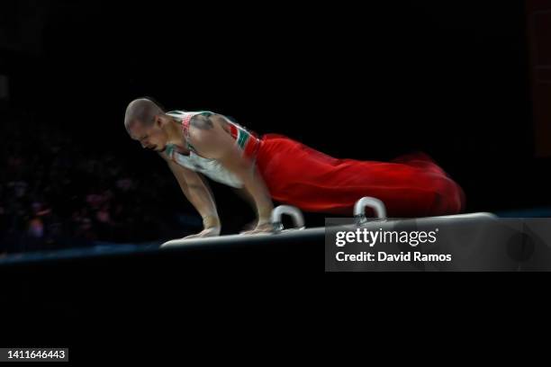 Brinn Bevan of Team Wales competes on the pommel horse during the Men's Team and Individual Artistic Gymnastic Qualification on day one of the...