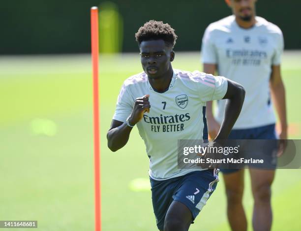 Bukayo Saka of Arsenal during a training session at London Colney on July 29, 2022 in St Albans, England.