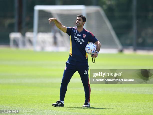 Arsenal manager Mikel Arteta during a training session at London Colney on July 29, 2022 in St Albans, England.