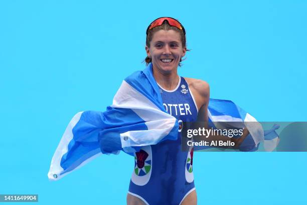 Beth Potter of Team Scotland comes to the finish line during the Women's Individual Sprint Distance Triathlon Final on day one of the Birmingham 2022...