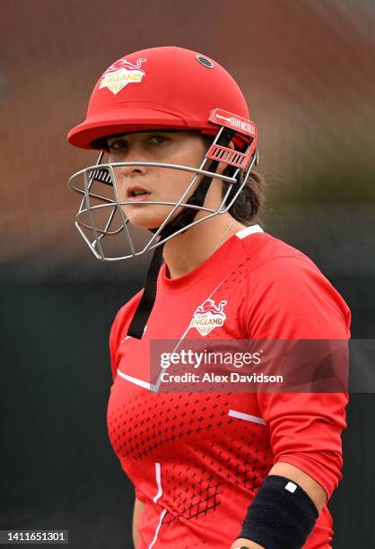 Alice Capsey of Team England looks on during a Team England Nets Session on day one of the Birmingham 2022 Commonwealth Games at Edgbaston on July...