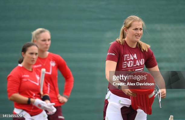 Sophie Ecclestone of Team England looks on during a Team England Nets Session on day one of the Birmingham 2022 Commonwealth Games at Edgbaston on...