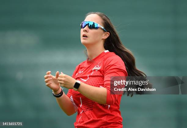 Alice Capsey of Team England looks on during a Team England Nets Session on day one of the Birmingham 2022 Commonwealth Games at Edgbaston on July...