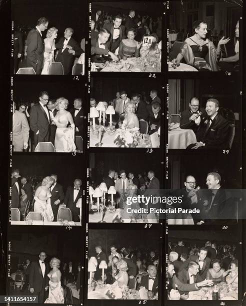 Contact sheet showing American actress Marilyn Monroe attending the New York premiere of 'The Prince and the Showgirl', at Radio City Music Hall in...