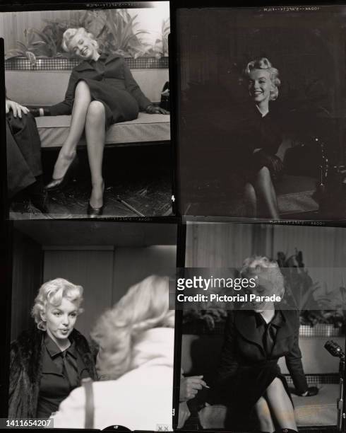 Contact sheet showing American actress Marilyn Monroe at a press conference on her arrival from New York at Los Angeles International Airport, Los...