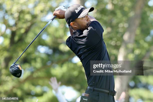 Satoshi Kodaira of Japan plays his shot from the 14th tee during the second round of the Rocket Mortgage Classic at Detroit Golf Club on July 29,...