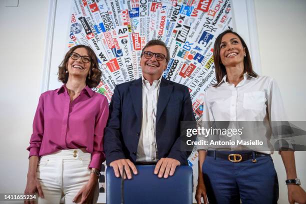 Leader of Azione Carlo Calenda poses with Mara Carfagna and Mariastella Gelmini before a press conference organized by Azione political party to...