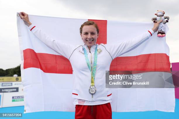 Silver medalist Georgia Taylor-Brown of Team England poses during the Women's Individual Sprint Distance Triathlon Final medal ceremony on day one of...