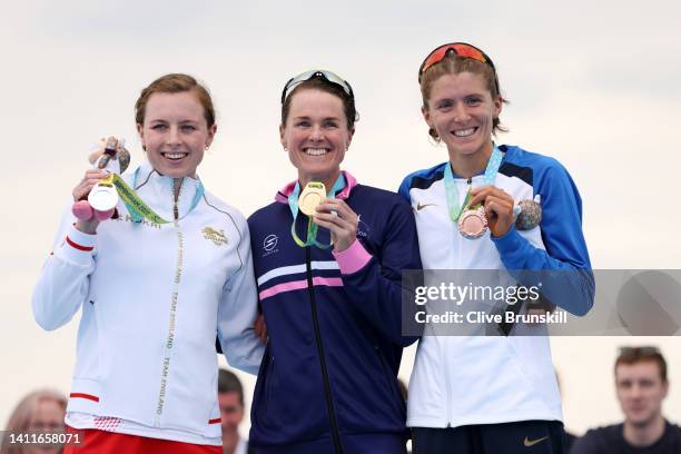 Silver medalist Georgia Taylor-Brown of Team England, Gold medalist Flora Duffy of Team Bermuda and Bronze medalist Beth Potter of Team Scotland...