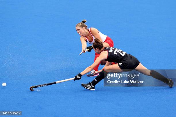 Isobel Webb of Team Wales competes with Brienne Stairs of Team Canada during the Women's Pool A match between Canada and Wales on day one of the...