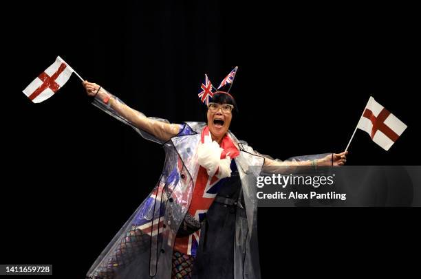 Supporter waves England flags during the Birmingham 2022 Commonwealth Games at the NEC on July 29, 2022 on the Birmingham, England.