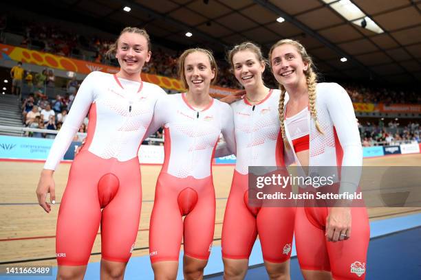 Bronze Medalists, Grace Lister, Josie Knight, Laura Kenny and Maddie Leech of Team England celebrate after finishing third in the Women's 4000m Team...