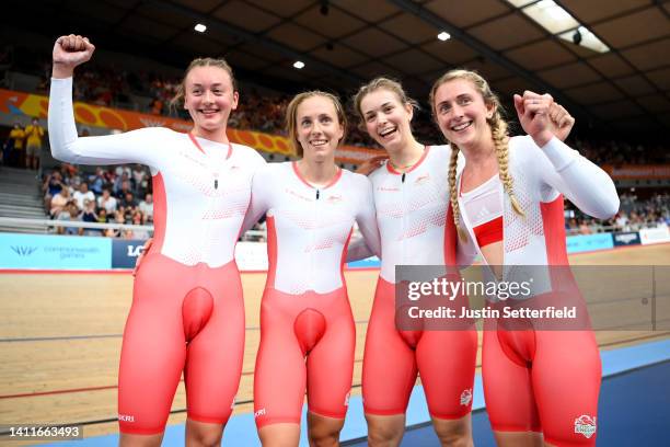 Bronze Medalists, Grace Lister, Josie Knight, Laura Kenny and Maddie Leech of Team England celebrate after finishing third in the Women's 4000m Team...