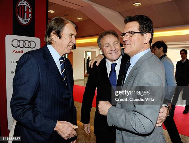 Former AC Milan players Cesare Maldini, Jose Altafini and Fabio Capello during the UEFA President's Award at Giuseppe Meazza Stadium on March 12,...