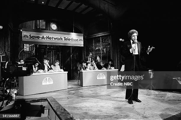 Episode 8 -- Pictured: Charels Rocket, Gail Matthius, Gilbert Gottfried, Joe Piscopo during the 'Save-A-Network Telethon' skit on January 24, 1981 --...