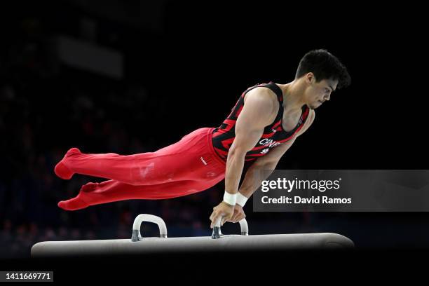 Jayson Rampersad of Team Canada competes on pommel horse during the Men's Team Final and Individual Artistic Gymnastic Qualification on day one of...