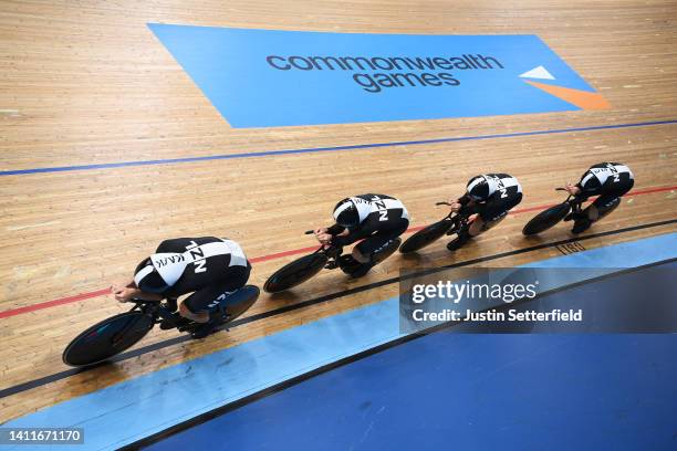 Aaron Gate, Campbell Stewart, Jordan Kerby and Nicholas Kergozou de la Boessiere of Team New Zealand compete in the Men's 4000m Team Pursuit on day...