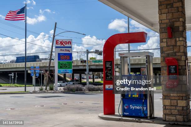 Gas prices are displayed at an Exxon gas station on July 29, 2022 in Houston, Texas. Exxon and Chevron posted record high earnings during the second...