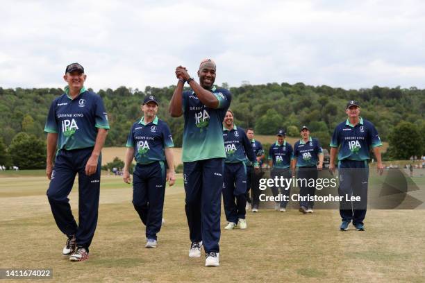 Captain, Alex Tudor of the PCA Legends team celebrates after beating Kent Legends during the PCA Festival of Cricket at Wormsley Cricket Ground on...