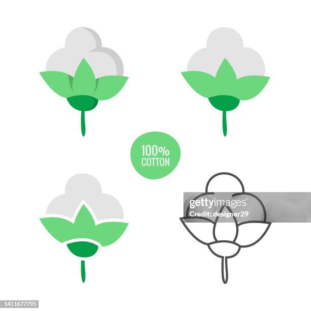 cotton icon set. 100% cotton flat design on white background. - cotton plant bud stock illustrations