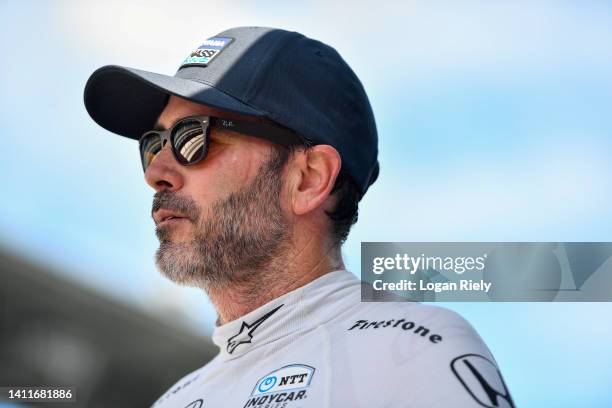 Jimmie Johnson, driver of the Carvana Chip Ganassi Racing Honda, looks on during practice for the NTT IndyCar Series Gallagher Grand Prix at...