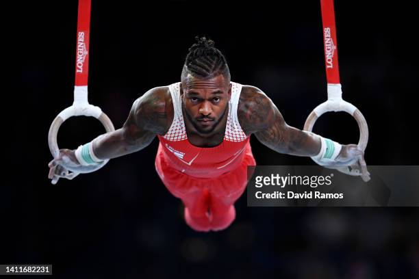 Courtney Tulloch of Team England competes on rings during the Men's Team Final and Individual Artistic Gymnastic Qualification on day one of the...