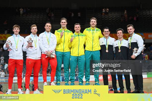 Silver Medalists, Ryan Owens, Joe Truman and Hamish Turnbull of Team England, Gold Medalists, Leigh Hoffman, James Moriarty and Matthew Glaetzer of...