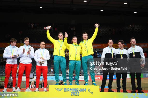 Silver Medalists, Ryan Owens, Joe Truman and Hamish Turnbull of Team England, Gold Medalists, Leigh Hoffman, James Moriarty and Matthew Glaetzer of...