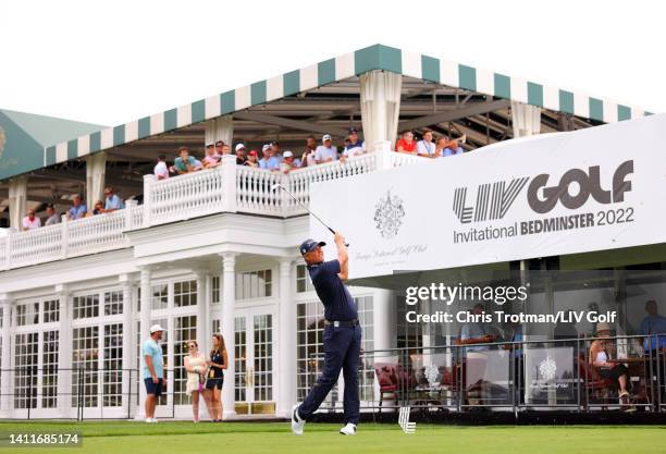 Matt Jones of Punch GC plays his shot from the 16th tee during day one of the LIV Golf Invitational - Bedminster at Trump National Golf Club...