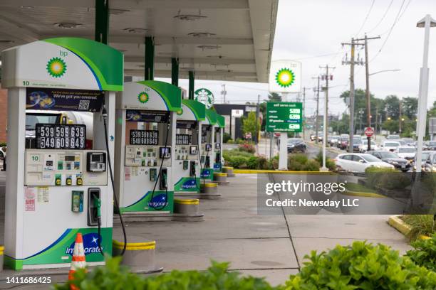 Photo of a BP gas station and its fuel pumps with gas prices posted at over $5 and $6 on Hempstead Turnpike in Levittown, New York, on June 22, 2022.