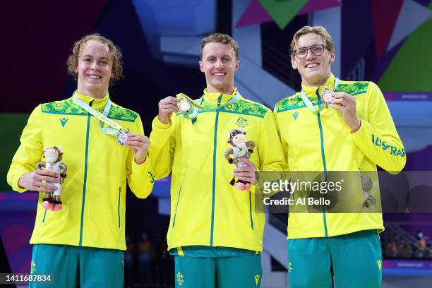 Silver medalist, Sam Short of Team Australia, Gold medalist, Elijah Winnington of Team Australia and Bronze medalist, Mack Horton of Team Australia...