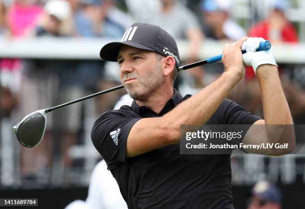 Team Captain Sergio Garcia of Fireballs GC plays his shot from the fifth tee during day one of the LIV Golf Invitational - Bedminster at Trump...